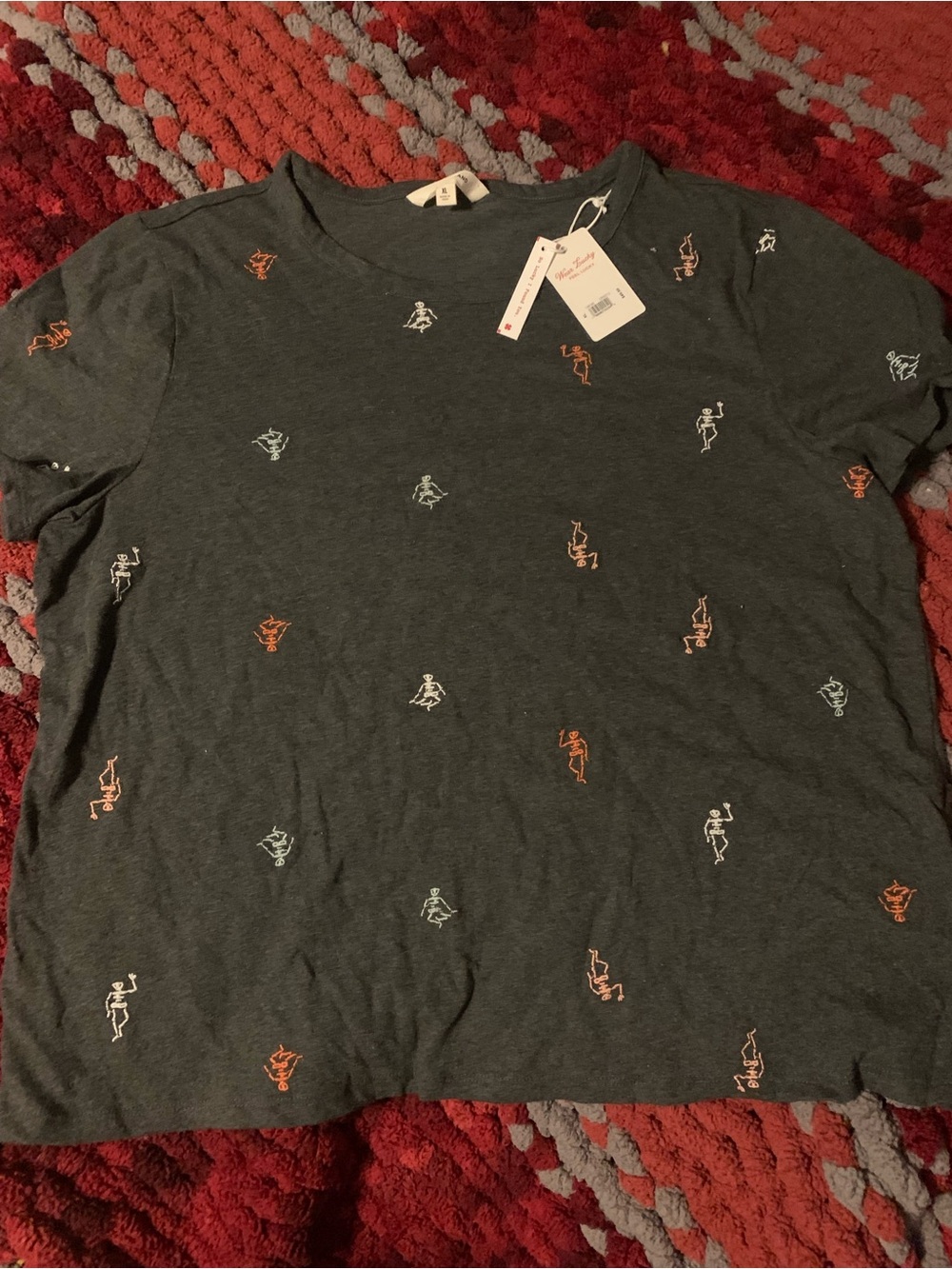 Lucky Brand Charcoal Short Sleeve Tee with Orange & White skeletons